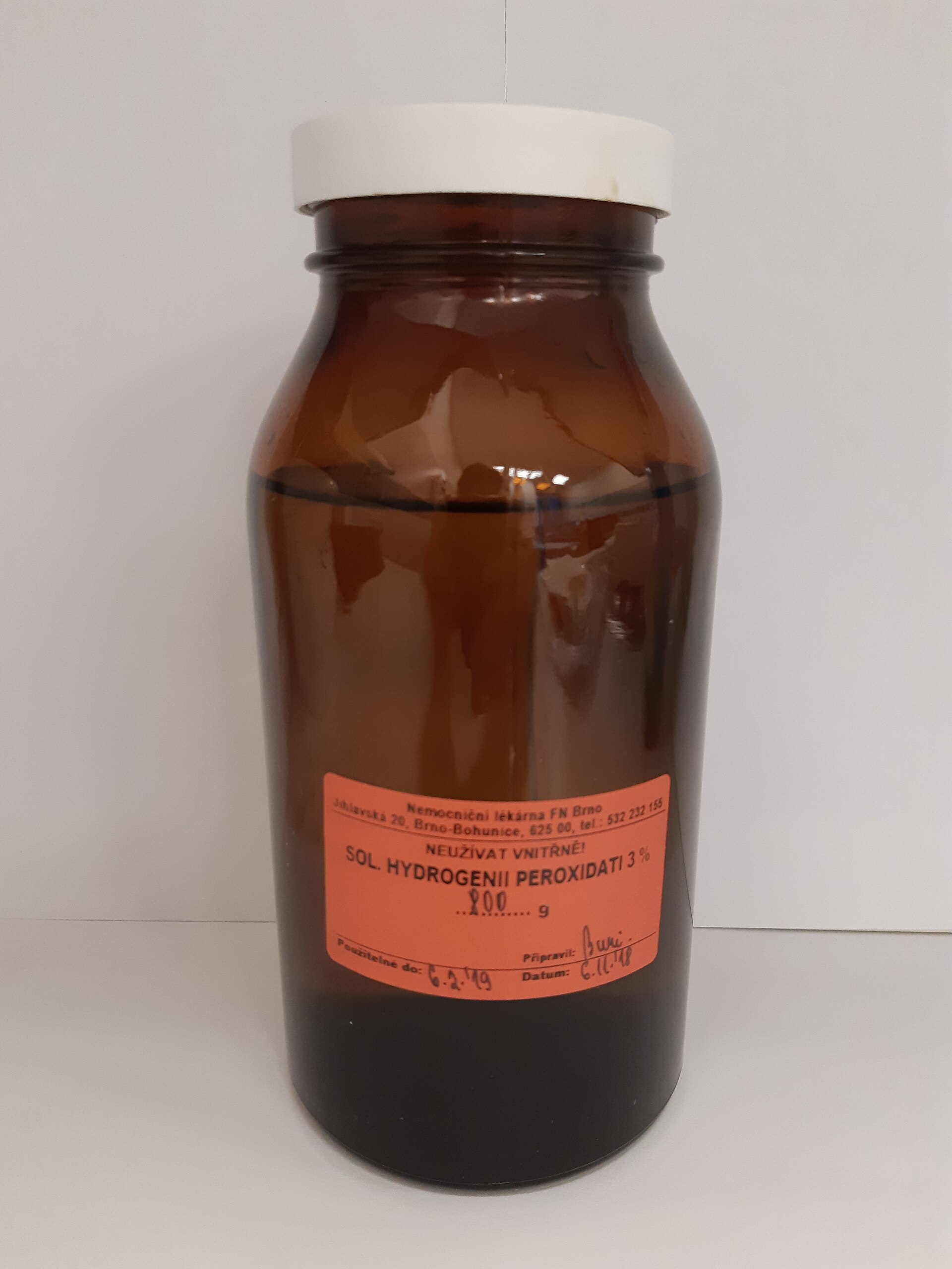 A bottle of hydrogen peroxide antiseptic solution
