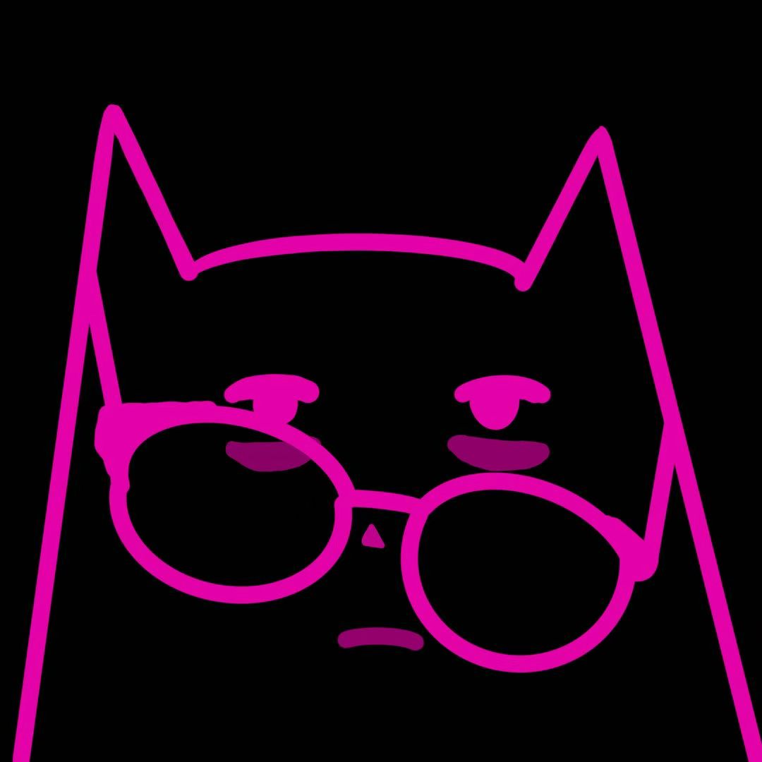 Magenta line drawing of Kai Kai wearing round glasses