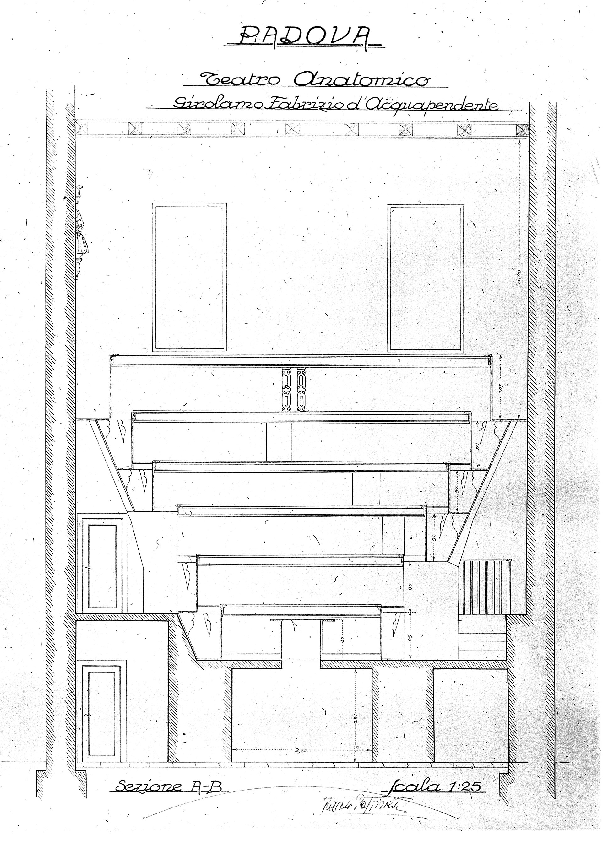 Historical plan and elevation of the anatomical theatre at Padua